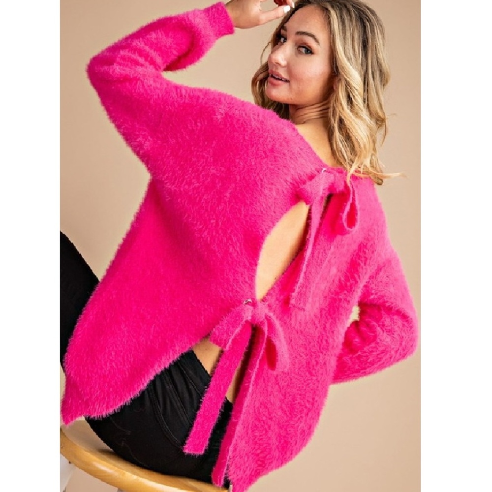 NWT Hot Pink Back Tie Faux Fur Sweater